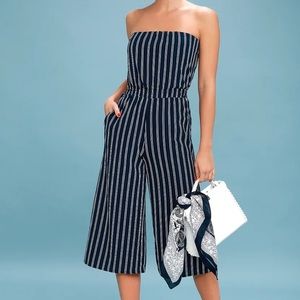 Lulus Saltwater and Sun Navy Blue Striped Strapless Midi Jumpsuit